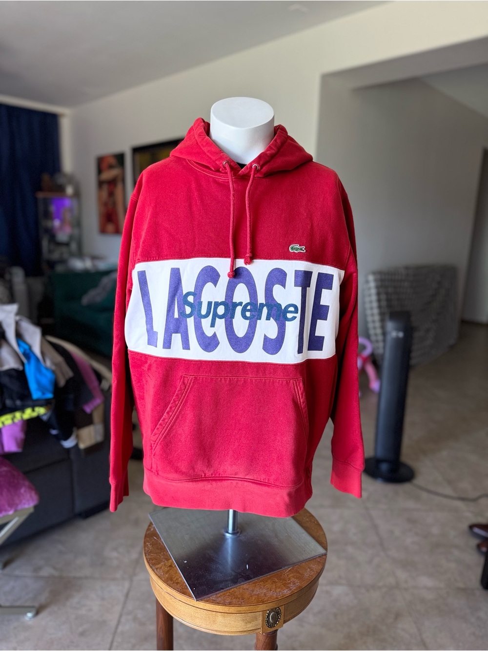 Supreme x Lacoste Red Hoodie with White & Blue Logo